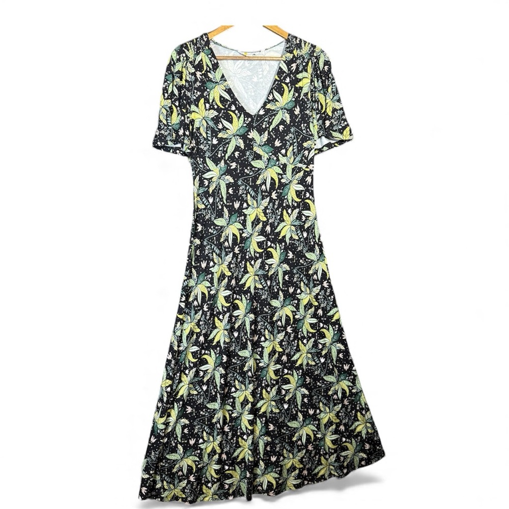 Boden Black Floral V-Neck Midi Dress with Yellow and Green Print